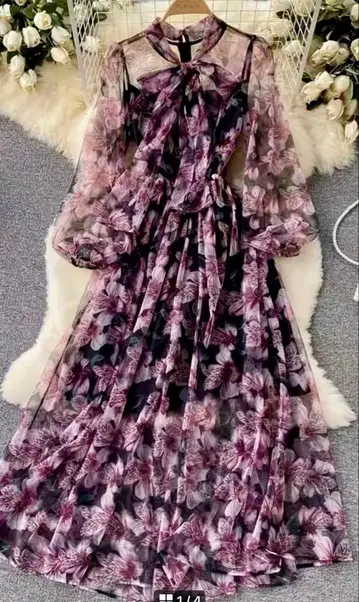 엘레강트 꽃무늬 쉬폰 원피스 경량 플레어 실루엣