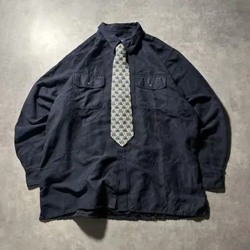 빈티지 스웨이드 느낌 벨로아 넥타이 셔츠 멀티 포켓 세트