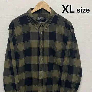 USA 구제 의류 플란넬 셔츠 XL 체크 무늬 카키 그린 블랙 긴팔