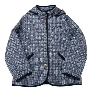 BEAMS HEART 네이비 체크 무늬 퀼팅 자켓 후드 부착