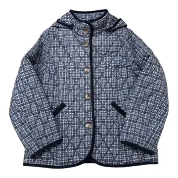 새상품급 BEAMS HEART 네이비 체크 무늬 퀼팅 자켓 후드 부착