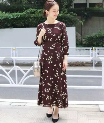 새상품급 IENA 이에나 롱 원피스 플라워 프린트 M 보르도 7부 소매