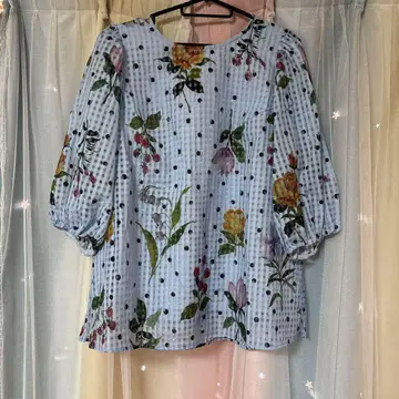로즈 티아라 꽃무늬 도트 오부 소매 블라우스
