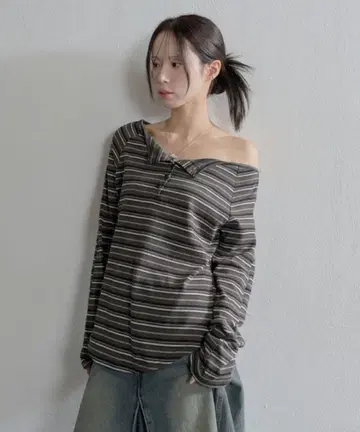 UNE MANSION 보더 롱 T 피케 셔츠