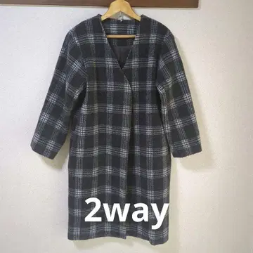 기간 한정 가격 체크 무늬 2way 롱 코트 후드 부착