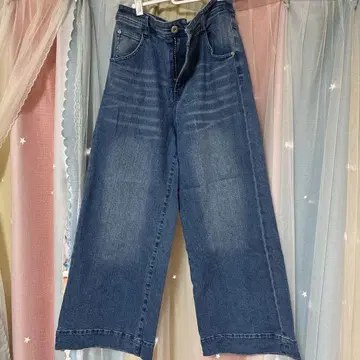 로즈 티아라 블루 와이드 레그 데님 팬츠