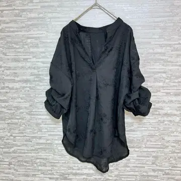 RMAF 자수 튜닉 블라우스 7부 소매 블랙 루즈핏 캐주얼 심플