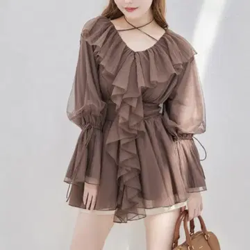 나이스 클랍 브라운 블라우스 원피스 프릴 튤 튜닉
