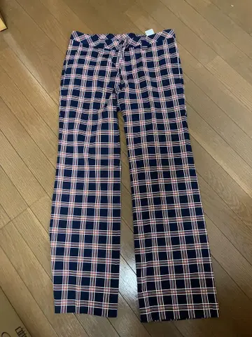 네이비 핑크 체크 무늬 와이드 팬츠