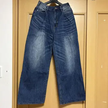 지나시스 컬러 턱 데님 와이드 팬츠 인디고 블루 M