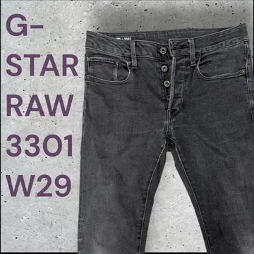 지스타로우 3301 슬림 버튼 플라이 가죽 패치 데님 블랙