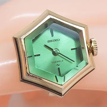 레어 SEIKO 세이코 반지 워치 17석 수동 와인딩 그린 육각형