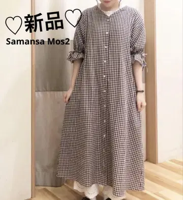 새상품 Samansa Mos2 깅엄 캔디 슬리브 원피스 블랙