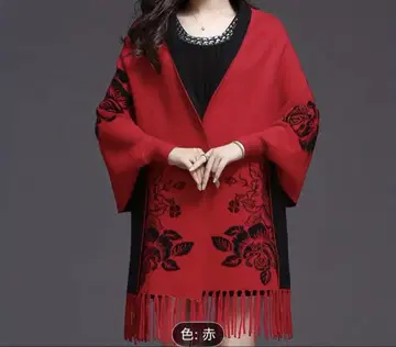 빨간색 꽃무늬 프린지 달린 판초 케이프 코트