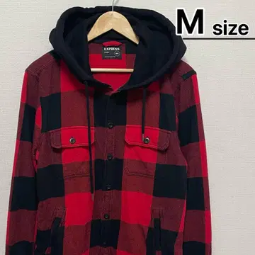 EXPRESS 플란넬 셔츠 M 후드 부착 블록 체크 레드 구제 의류