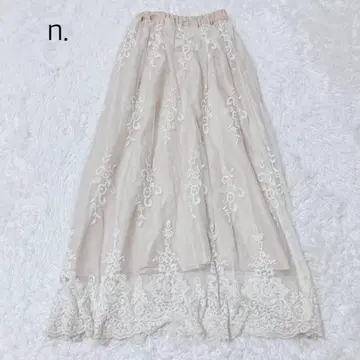 니센 롱 스커트 베이지 자수 레이스 커튼 레이스