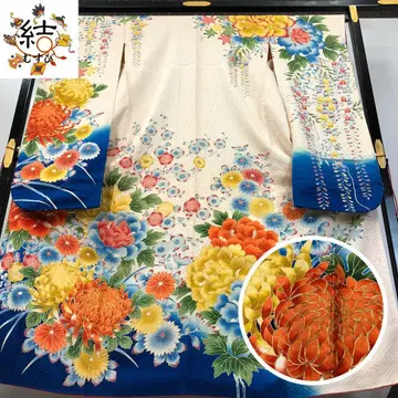 MK-1605 후리소데 세미 앤티크 국화꽃 무늬 생 성색 금 부품 자수