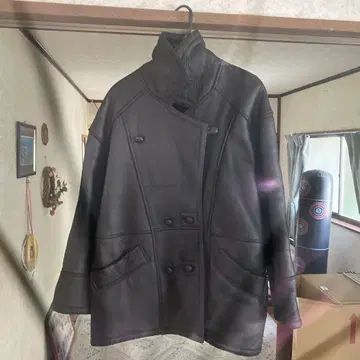 블랙 가죽 더블 브레스트 자켓