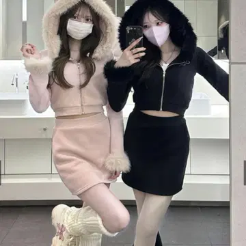 GRL 퍼 후드티 x 미니 스커트 맨투맨 셋업 새상품
