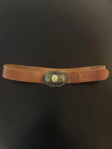 가죽 브라운 벨트 터콰이즈 버클 포함 빈티지