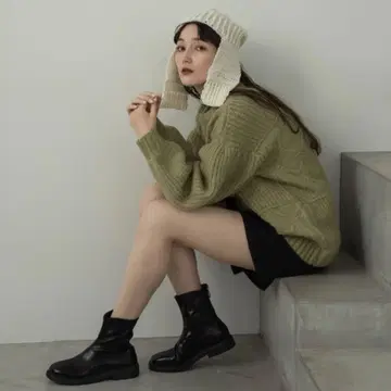 lawgy 올리브 그린 케이블 니트 패턴 루즈 니트