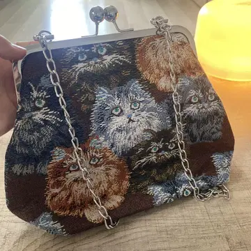 빈티지 고양이 패턴 가마구치 체인 백