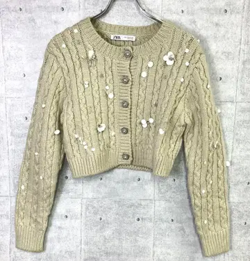 레트로 ZARA 구제 의류 플로럴 비즈 장식 크롭 니트 가디건