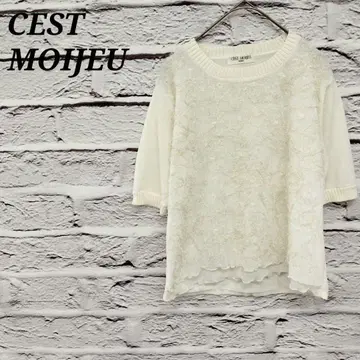 R4757 CEST MOIJEU 이소재 절개 반팔 니트 레이스 크루넥
