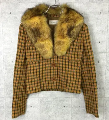 90's 크루레스 vibes 구제 의류 볼륨 퍼 옷깃 체크 무늬 자켓