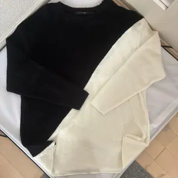 미사용 No ID. 비큐레 라무 파일 바이컬러 니트 블랙 x 화이트