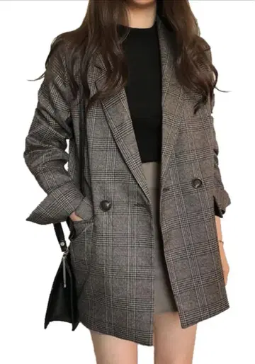 커피 브라운 계열 체크 더블 브레스트 테일러드 자켓