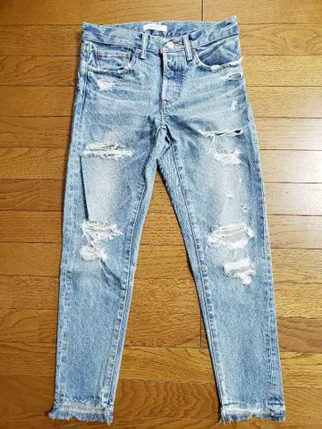 MOUSSY 스키니 데님 라이트 블루 데미지 가공 마우지 크러쉬 데님
