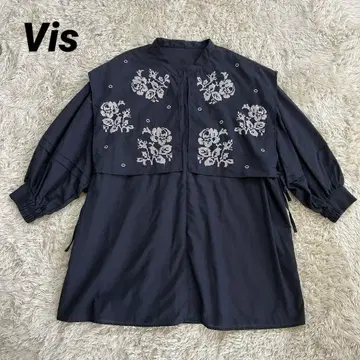 VIS 크로스 스티치 스칼라 블라우스 네이비 프리 사이즈