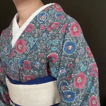 목화 기모노 오리엔탈 꽃무늬 핸드메이드 스모크 그린