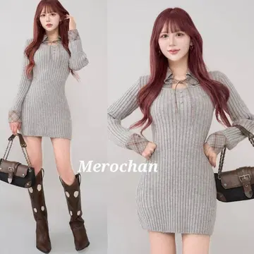 다리치 레이어드라이크 니트 미니 원피스 프리 그레이