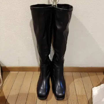 블랙 니하이 부츠 블록 힐 R&E