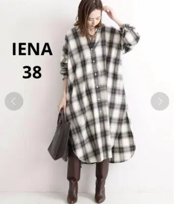 IENA 체크 플란넬 셔츠 원피스 38 밴드 카라 기모 루즈한 사이즈