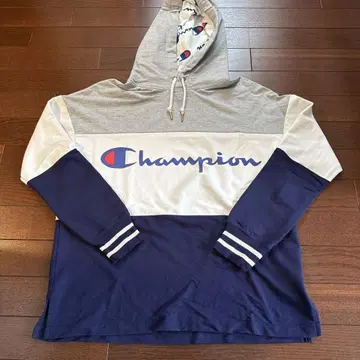 [ 중고 ] Champion 후드 부착 후드티 그레이/네이비 L