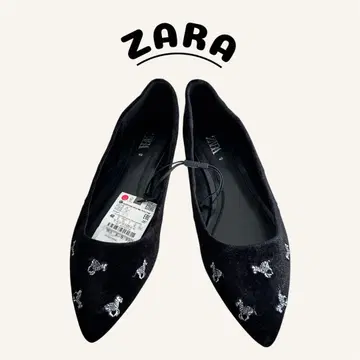 미사용 새상품 ZARA 제브라 자수 벨벳 발레 슈즈 펌프스 26cm
