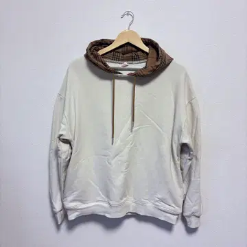 아이보리 체크 무늬 후드 후드티 M