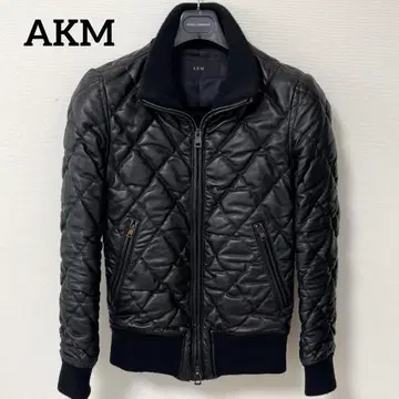 새상품급 AKM 다이아 퀼팅 램 가죽 블루종 리브 캐시미어 혼방 블랙