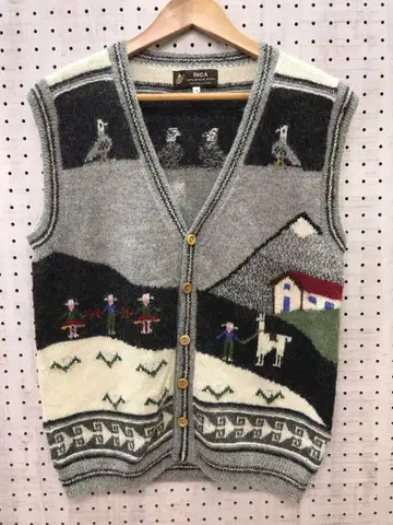 페루산 INCA 잉카의 요새 알프스 풍경 파일 편직 자수 니트 베스트