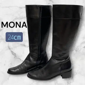 MONA 롱 부츠 블랙 심플 로우힐 사이드 지퍼 천연 가죽
