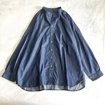 네스트로브 코튼 데님 밴드 카라 셔츠 인디고 긴팔 루즈핏