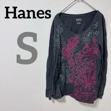 Hanes [ S ] 그레이 V넥 긴팔 티셔츠 티셔츠 꽃무늬 티셔츠