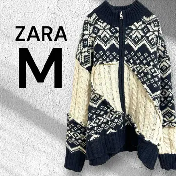 ZARA 자라 니트 스웨터 긴팔 풀 집업 노르딕 무늬 M 울