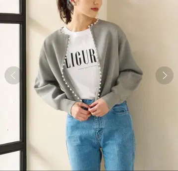 그린 레이블 릴렉시 모조 진주 크롭 가디건