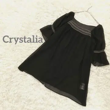 크리스탈리아 쉬폰 튜닉 블라우스 플레어 소매 자수 스티치 비침 블랙 S