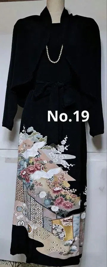 블랙 전통 예복 기모노 리메이크 볼레로 포함 롱 드레스 꽃과 학 문양