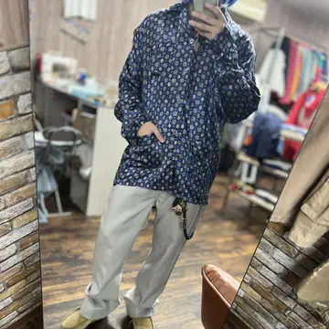 파자마 셔츠 구제 의류 아메카지 L 올 패턴 네이비 꽃무늬 긴팔 셔츠